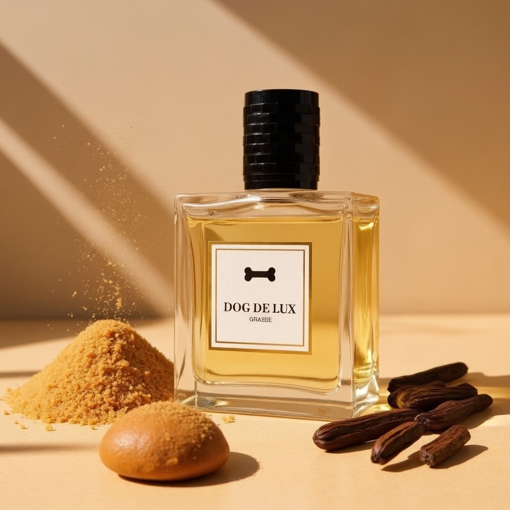 Perfume bottle labeled 'Dog De Lux' with spices and a cookie.