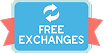 Blue badge with 'Free Exchanges' text and red ribbon accents.