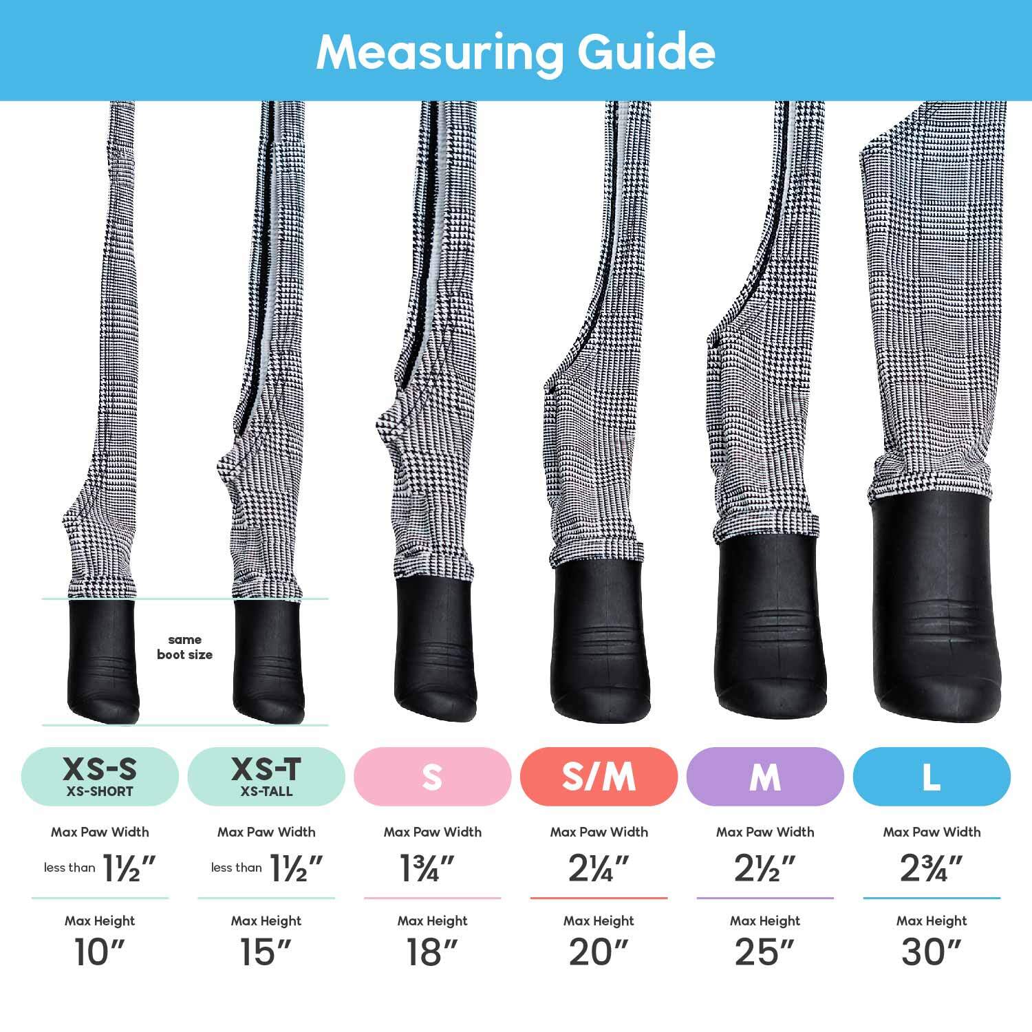 Measuring guide for different sizes of dog boots with paw width and height details.