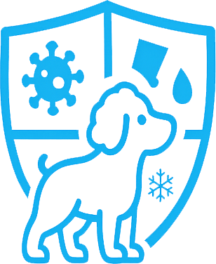 Blue icon of a dog inside a shield with virus, snowflake, and droplet symbols.