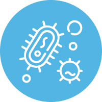 Illustration of bacteria or microorganisms on a blue circular background.