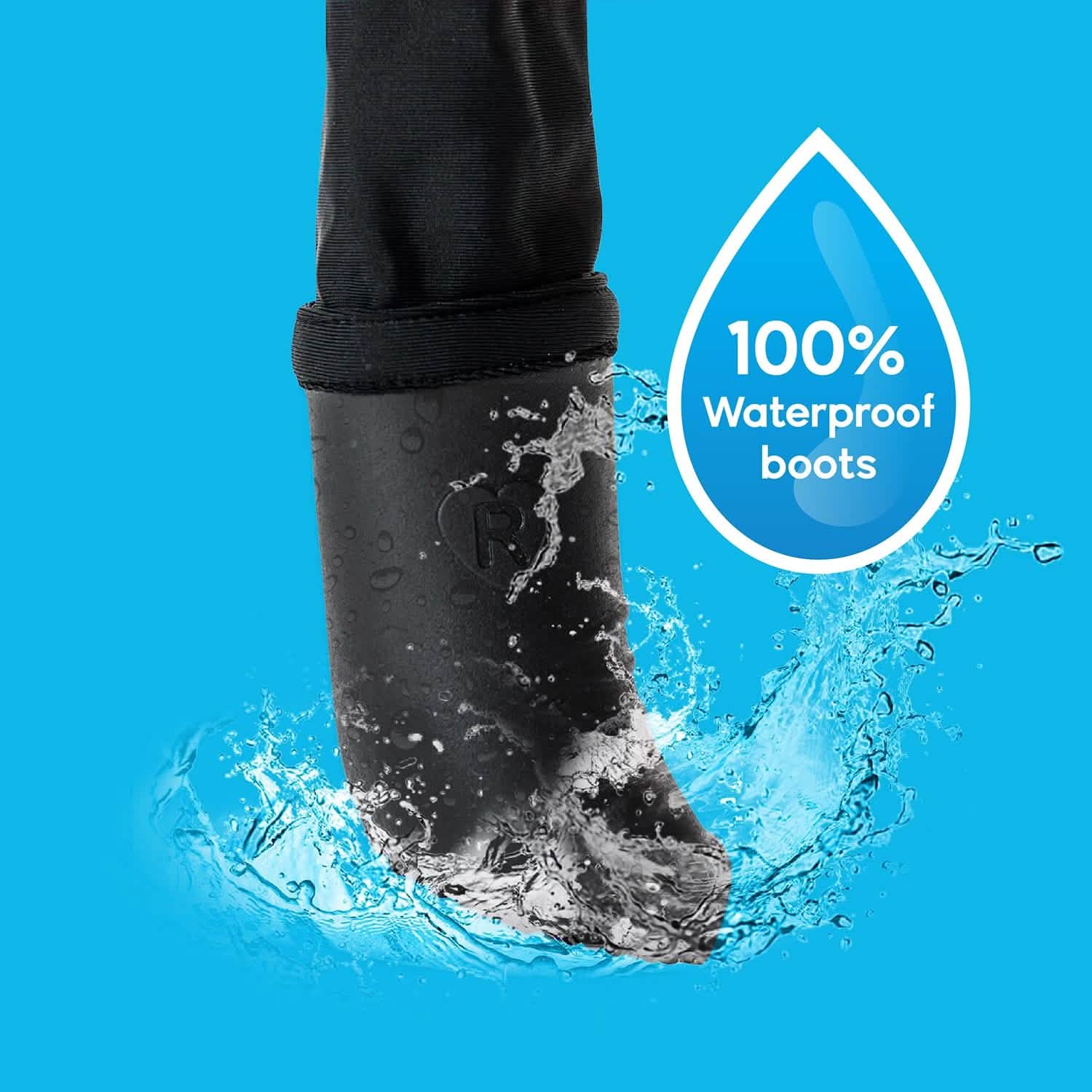 Black boot splashing in water with '100% Waterproof boots' text.