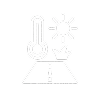 Icon of a thermometer, sun, and road on a black background.