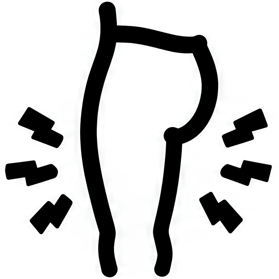 A simple black line drawing showing a leg and hip with pain marks radiating outwards.