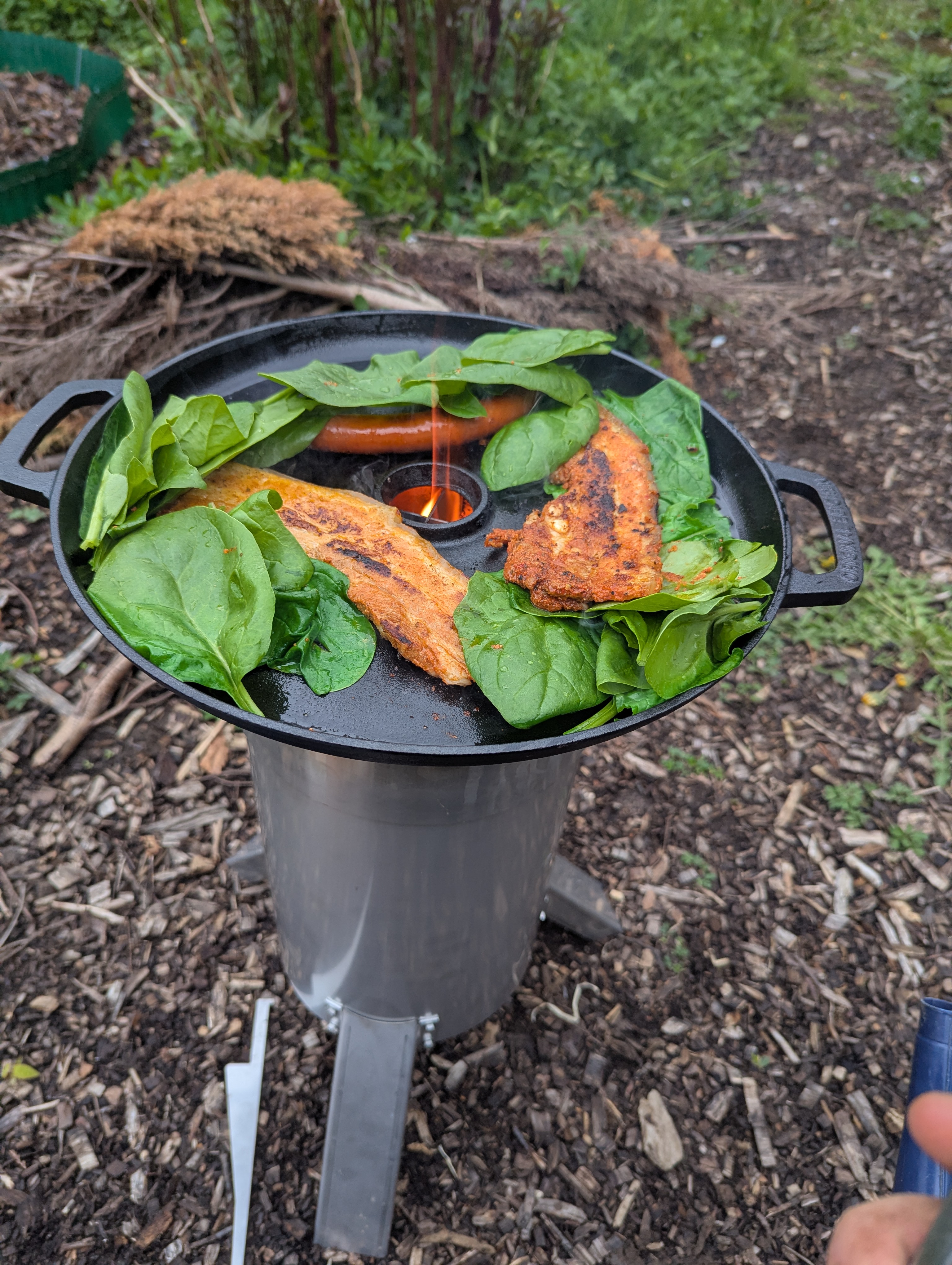 Outdoor cooking on a metal stove with spinach and grilled meat.