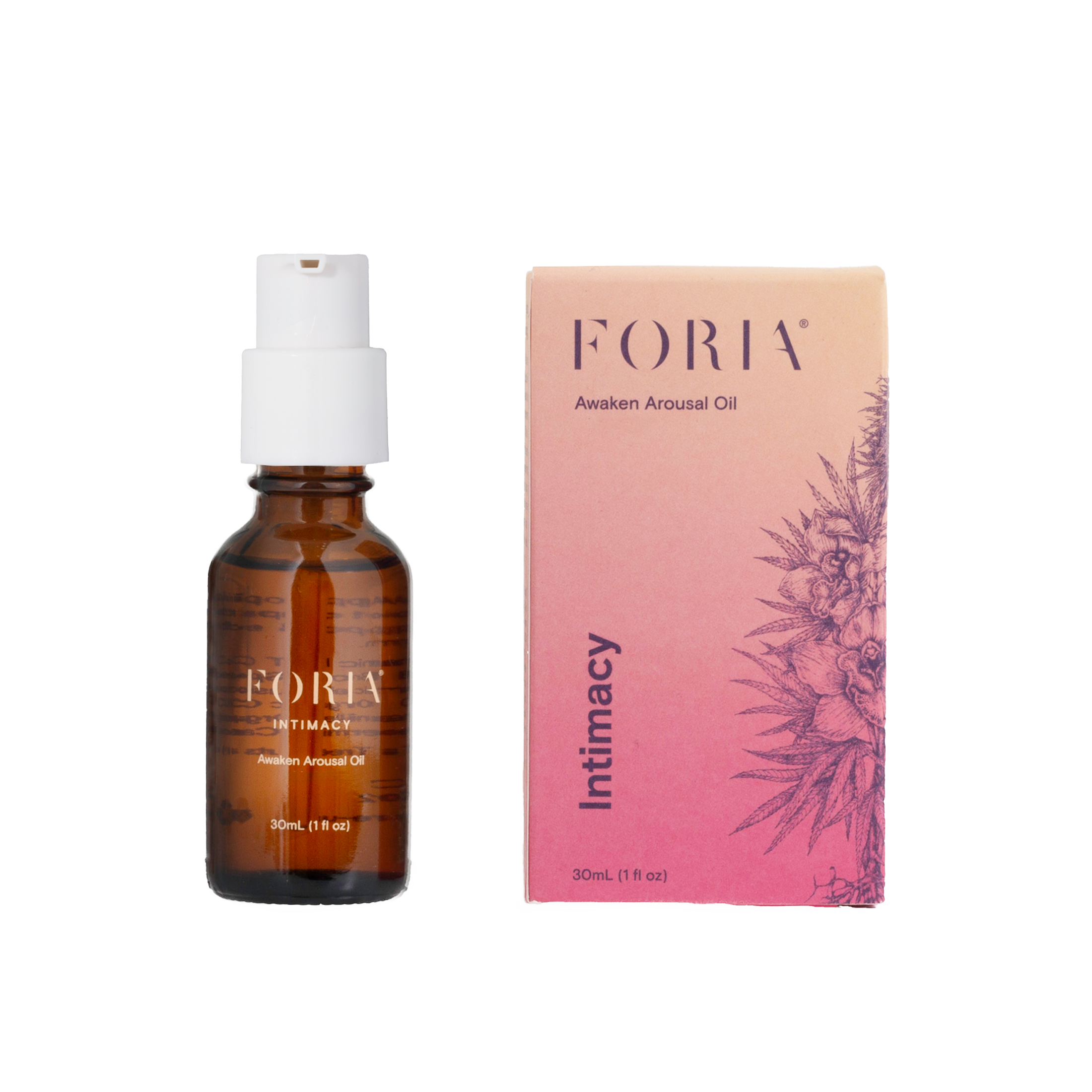 Brown bottle and pink box of Foria Awaken Arousal Oil.
