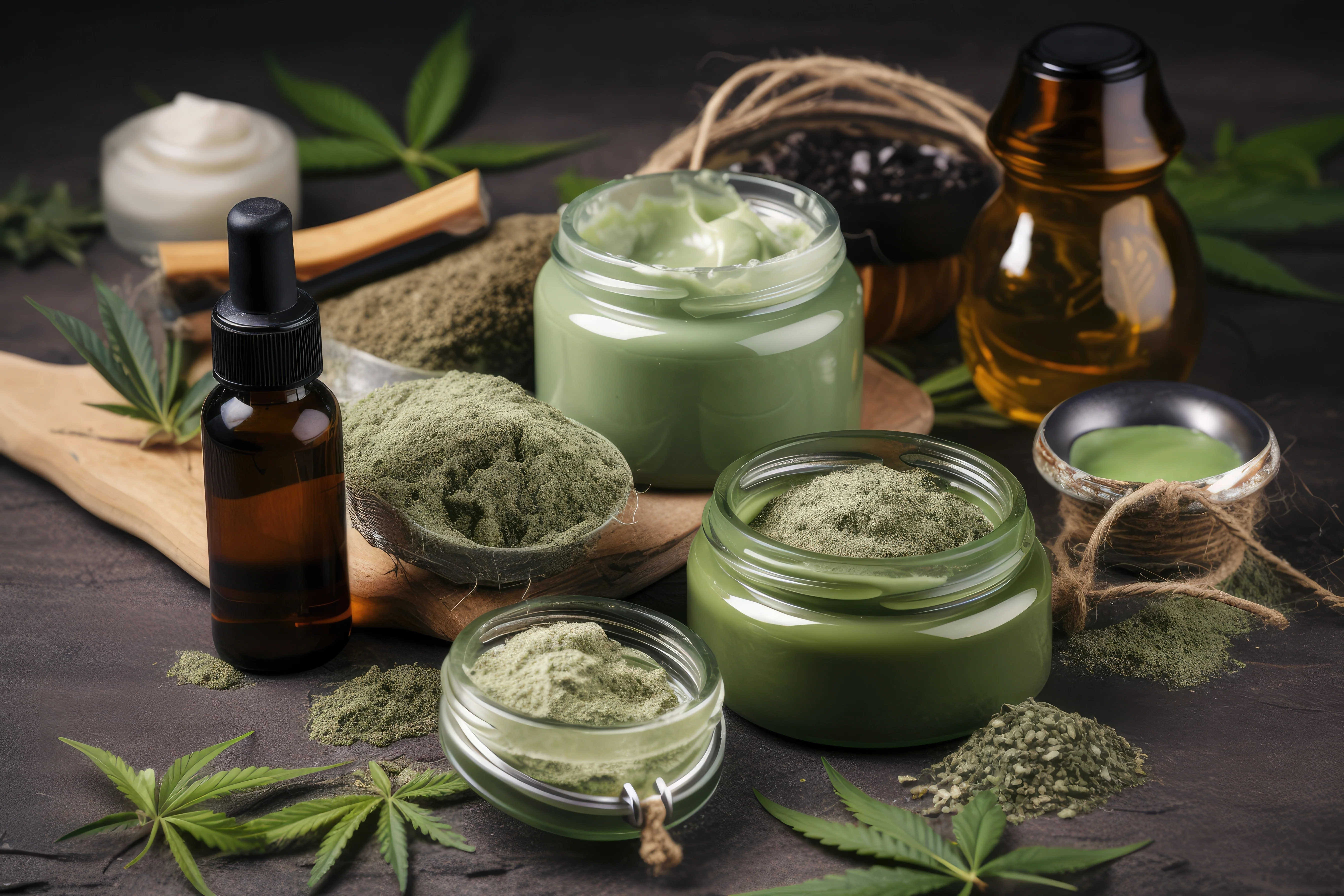 Jars of green cream with hemp leaves and powder on a wooden board.