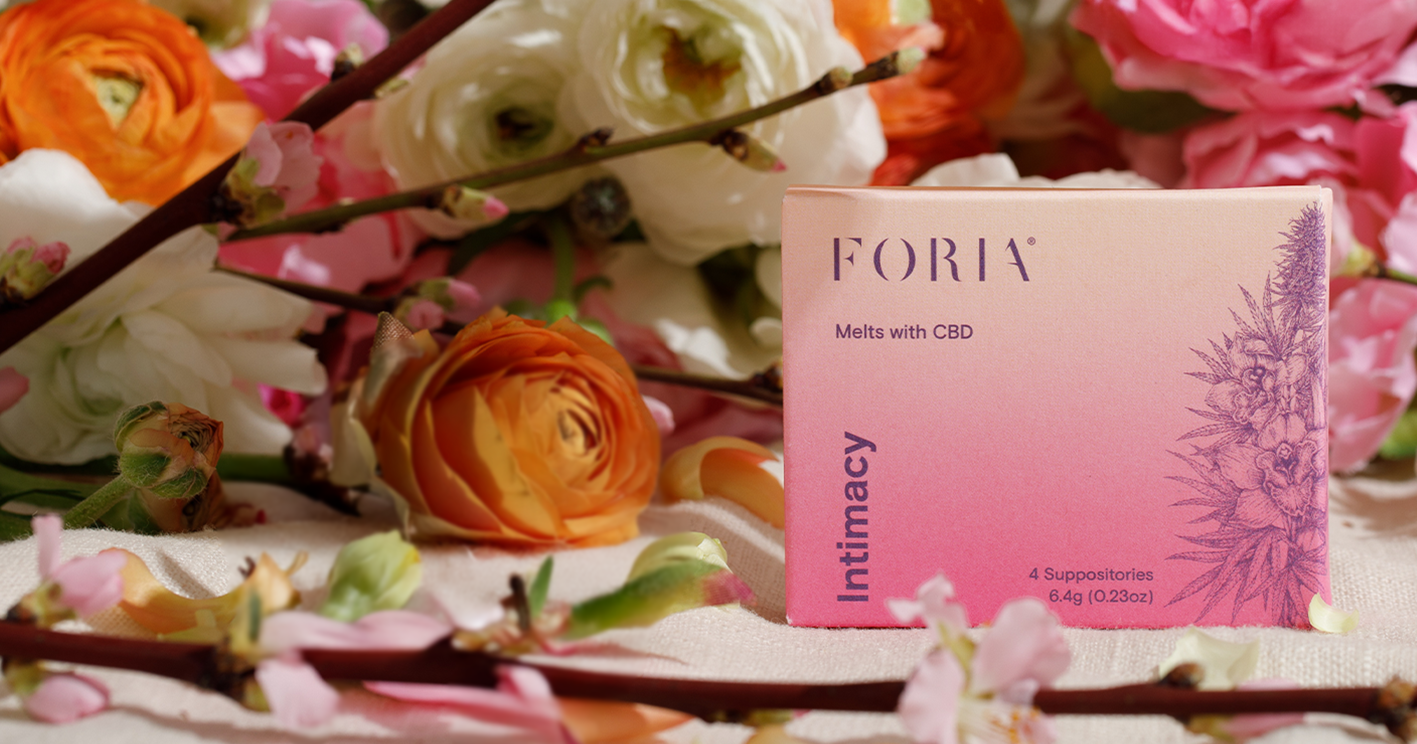 A Foria Intimacy CBD product box surrounded by colorful flowers.
