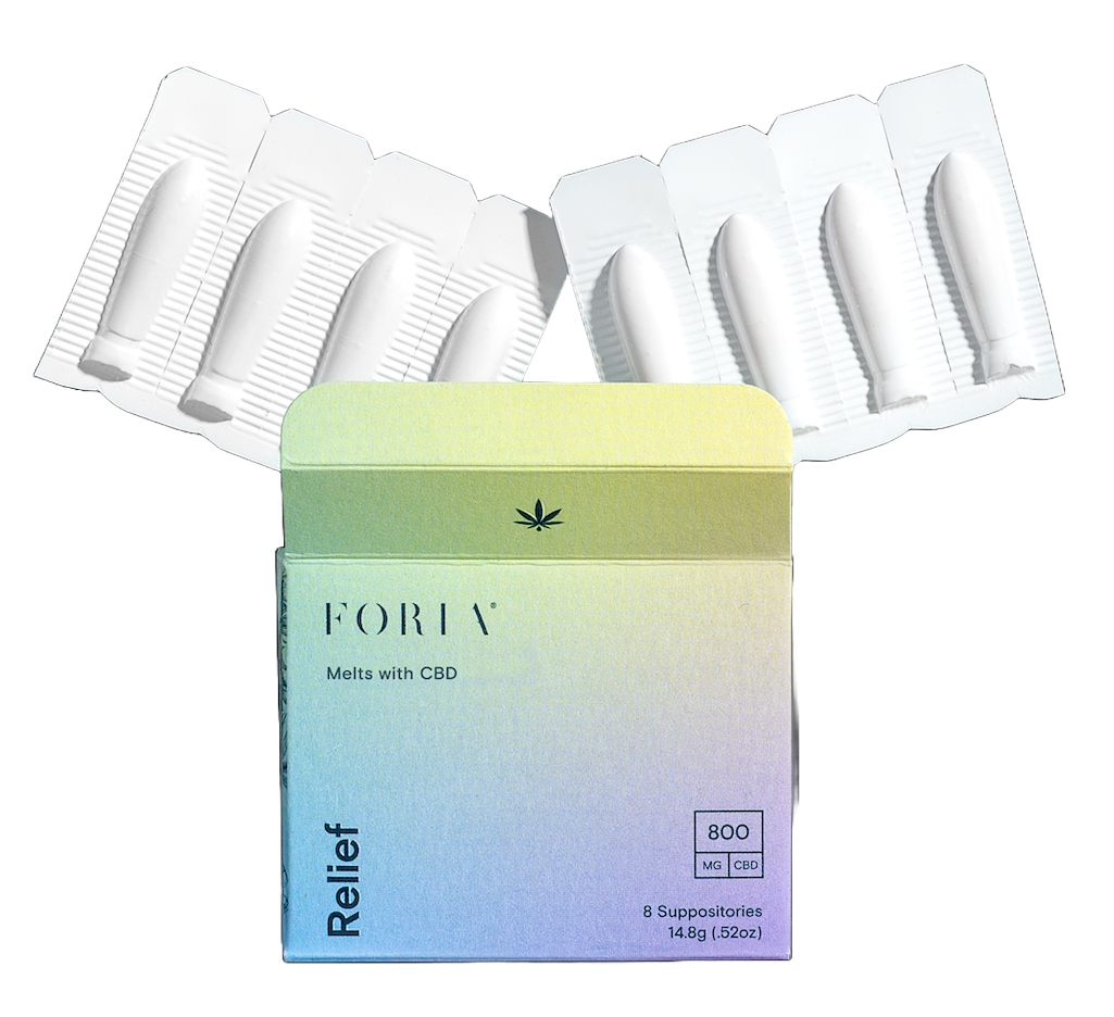 A box of Foria Relief Melts with CBD, with eight suppositories in blister packs fanned out behind it.
