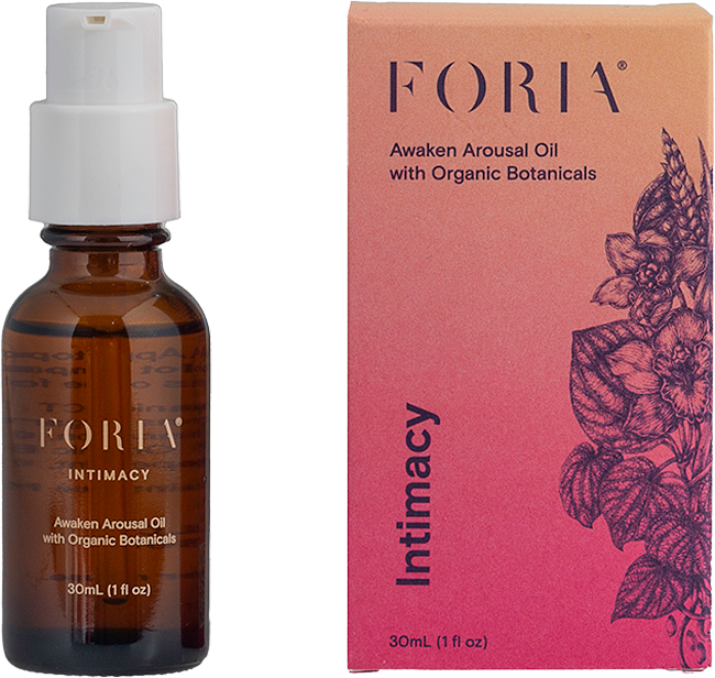 Brown bottle and pink box of Foria intimacy oil.