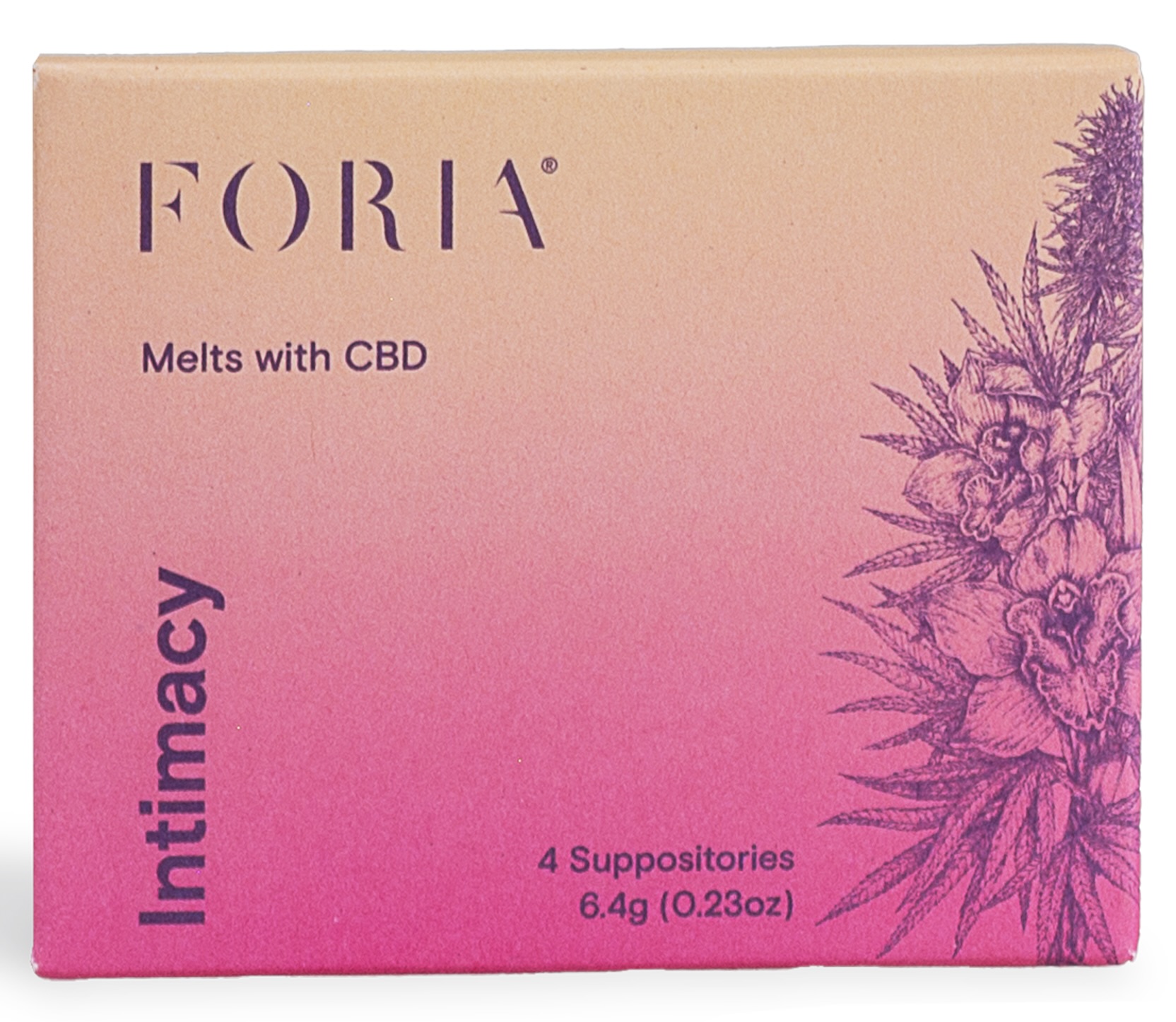 Box of Foria Intimacy CBD suppositories with floral design.
