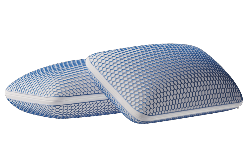 Two pillows with a blue hexagonal pattern.