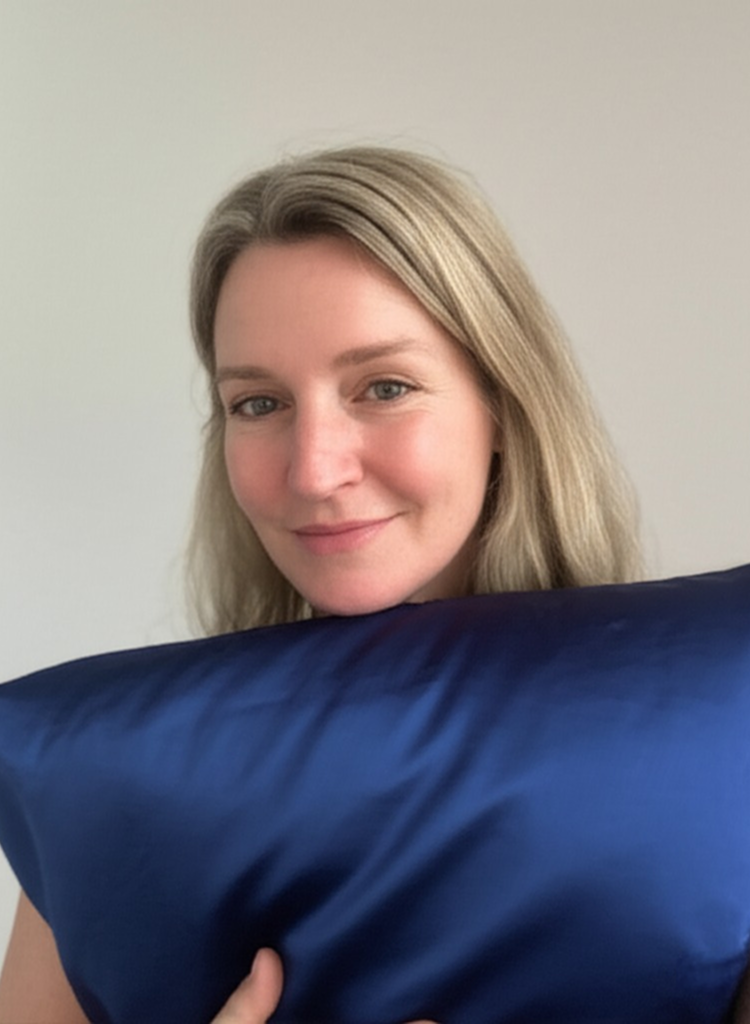 Person holding a blue pillow, smiling at the camera.