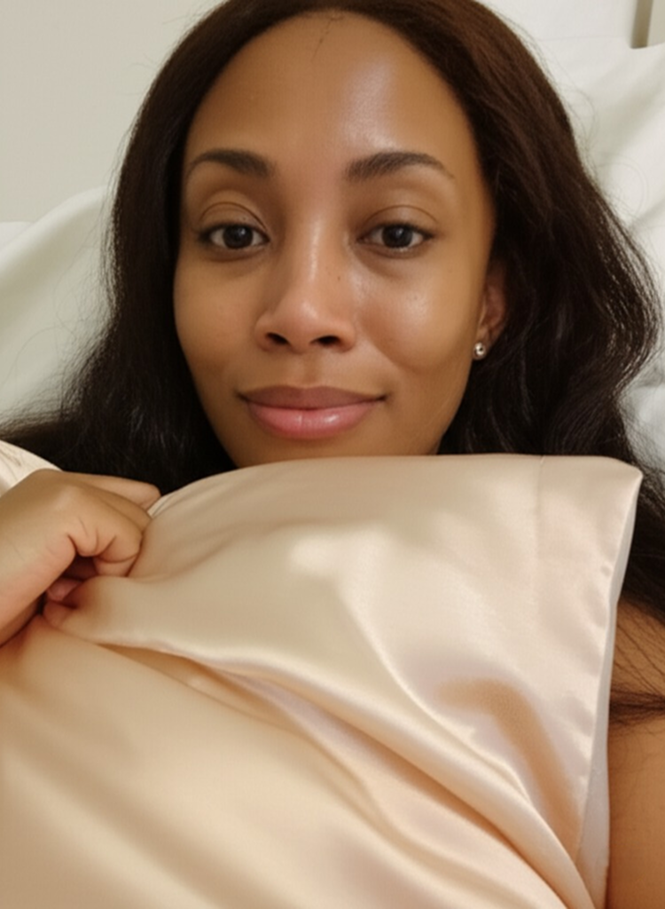 Person lying in bed, holding a satin pillow, smiling at the camera.