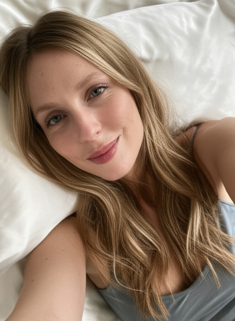 Person with long hair lying on a white pillow, smiling.