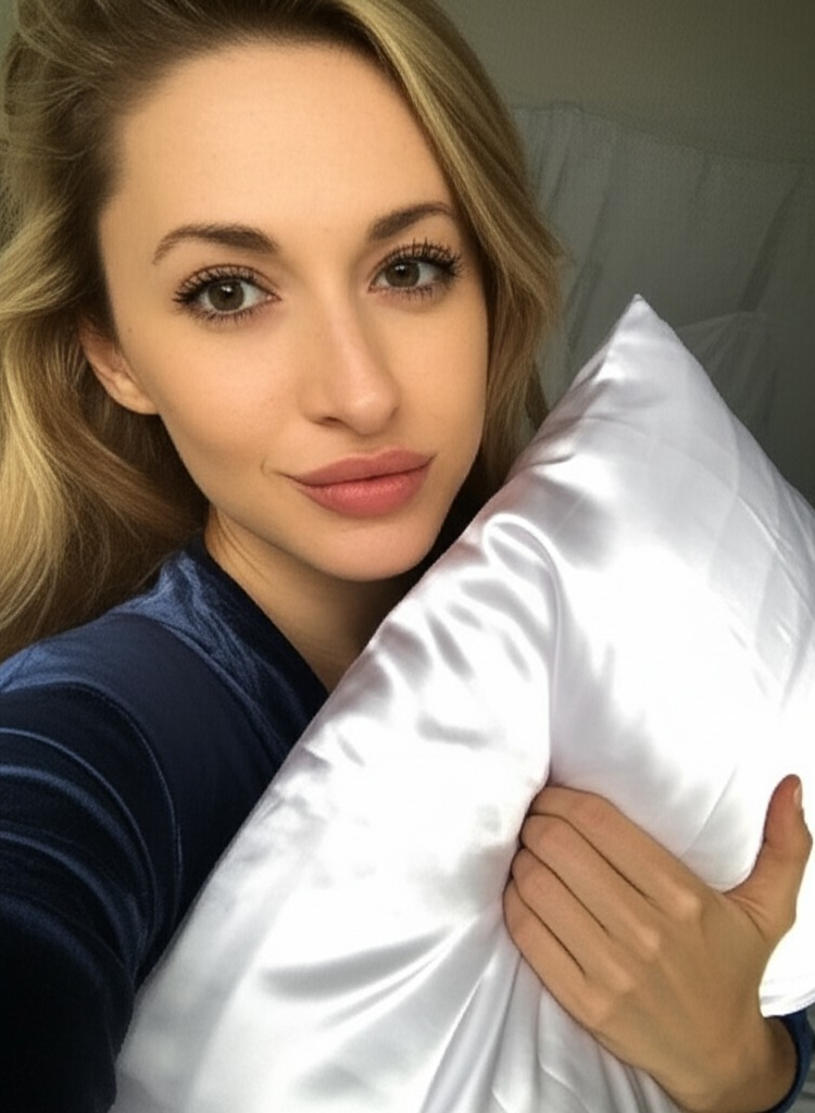 Person holding a white pillow, wearing a dark blue top.