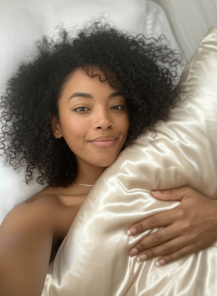 Person lying in bed, holding a satin pillow, smiling.