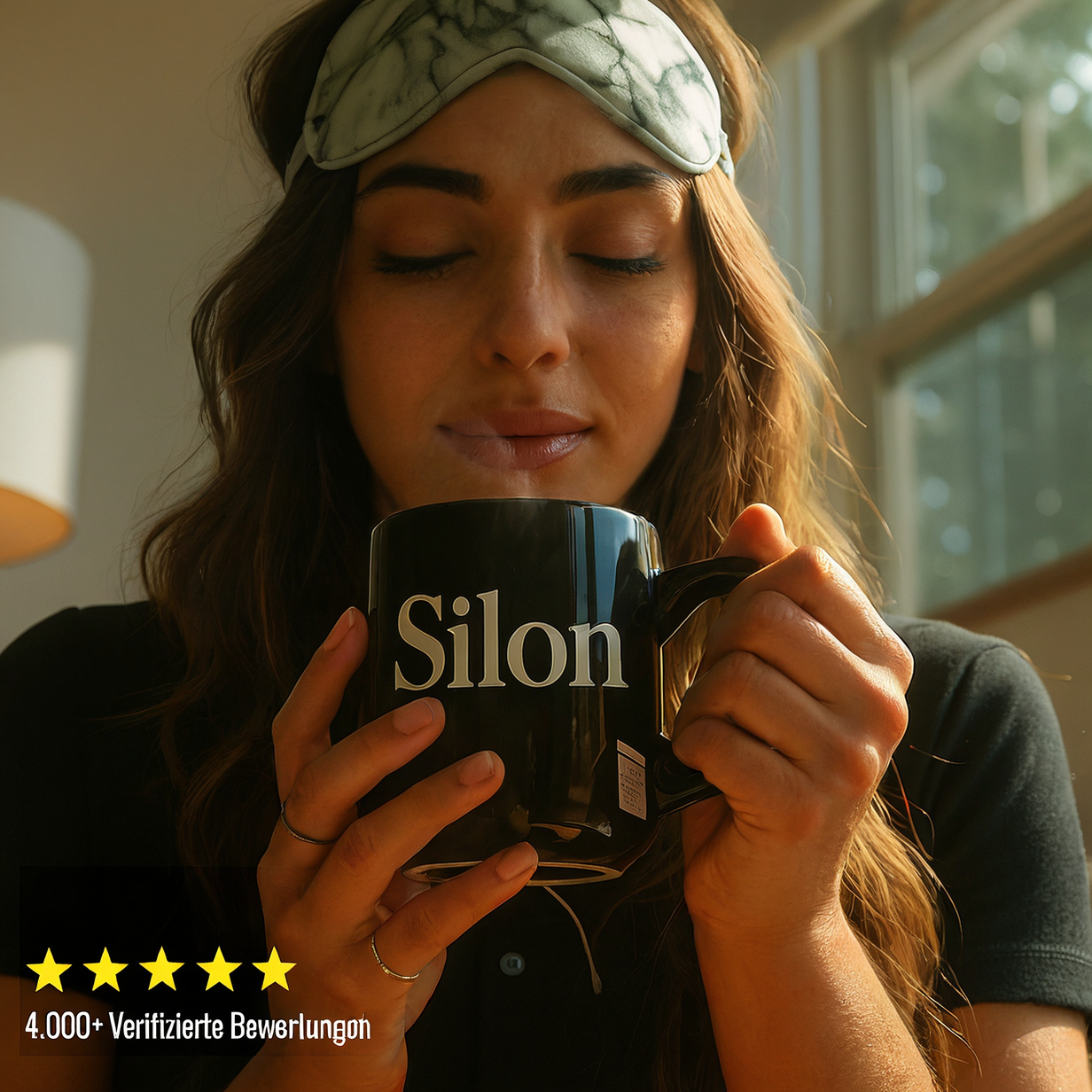 Person holding a black mug with 'Silon' text, wearing a sleep mask.