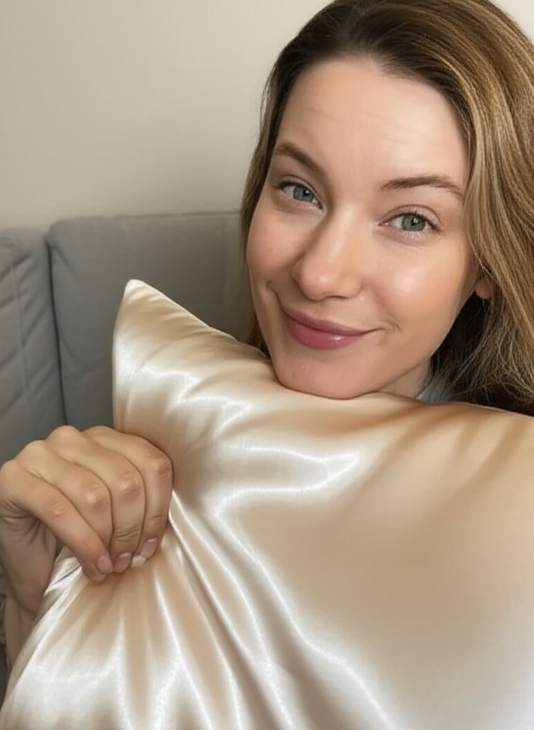 Person smiling, holding a shiny satin pillow.