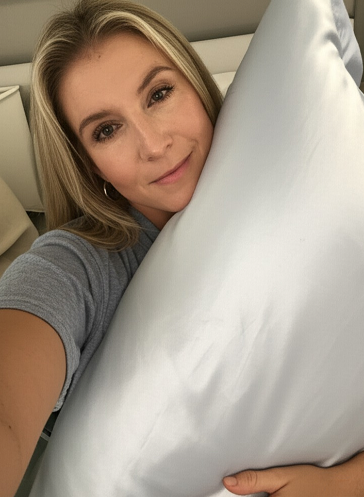 Person holding a large white pillow, smiling at the camera.