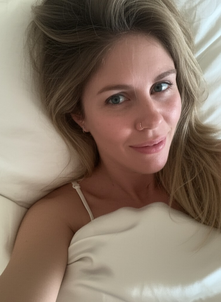 Person lying in bed, smiling, with long hair and a nose ring.