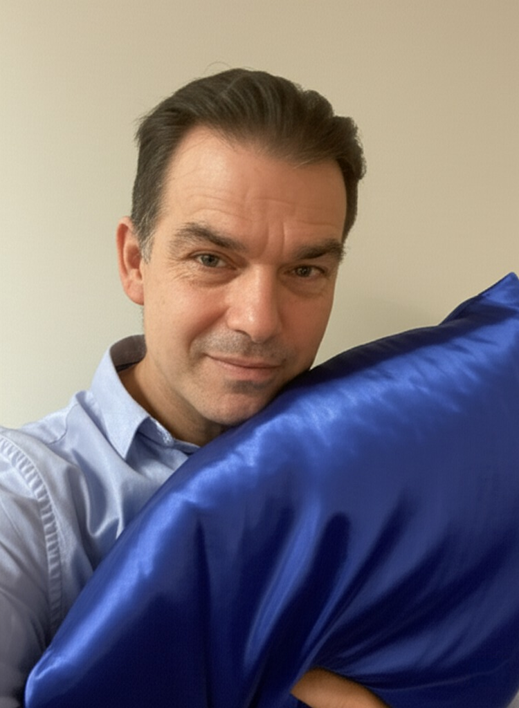 Person holding a shiny blue pillow, smiling at the camera.