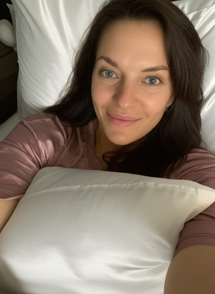 Person lying in bed with a white pillow, smiling at the camera.