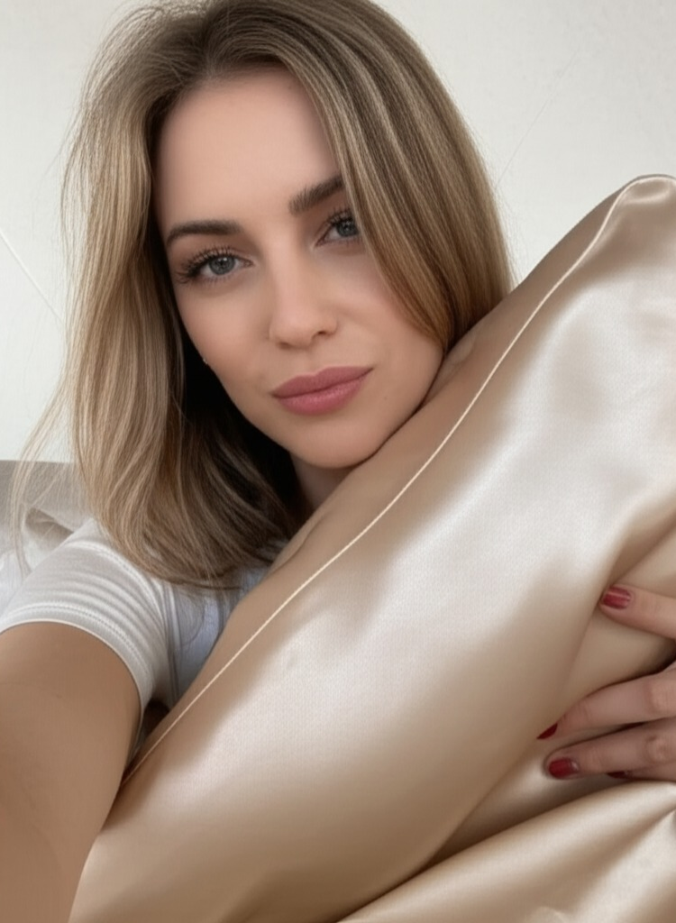 Person holding a beige pillow, smiling at the camera.