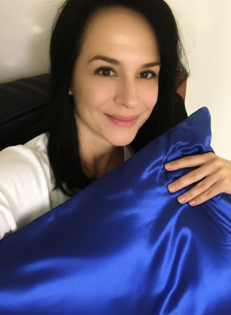 Person holding a blue satin pillow, smiling at the camera.