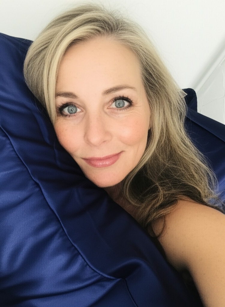 Person with long hair lying on blue satin pillow.