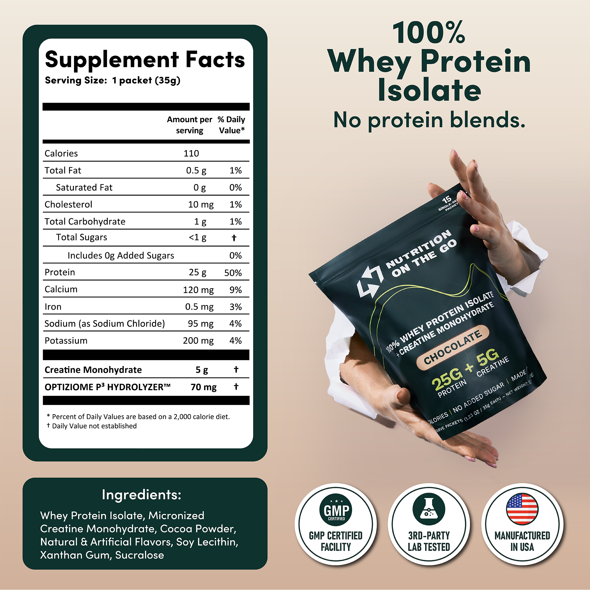 An image showing the supplement facts, ingredients, and packaging for a chocolate whey protein isolate powder.