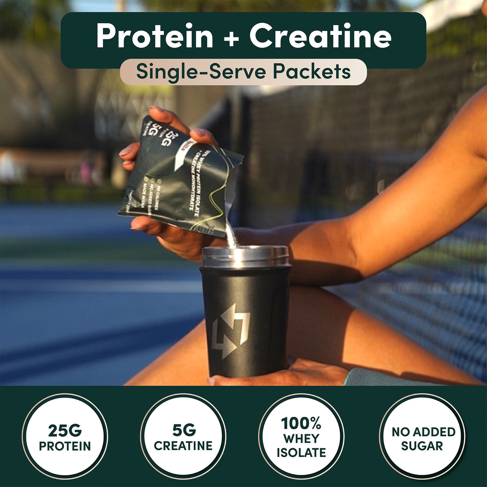 A person pours a single-serve packet of protein and creatine powder into a black shaker cup.