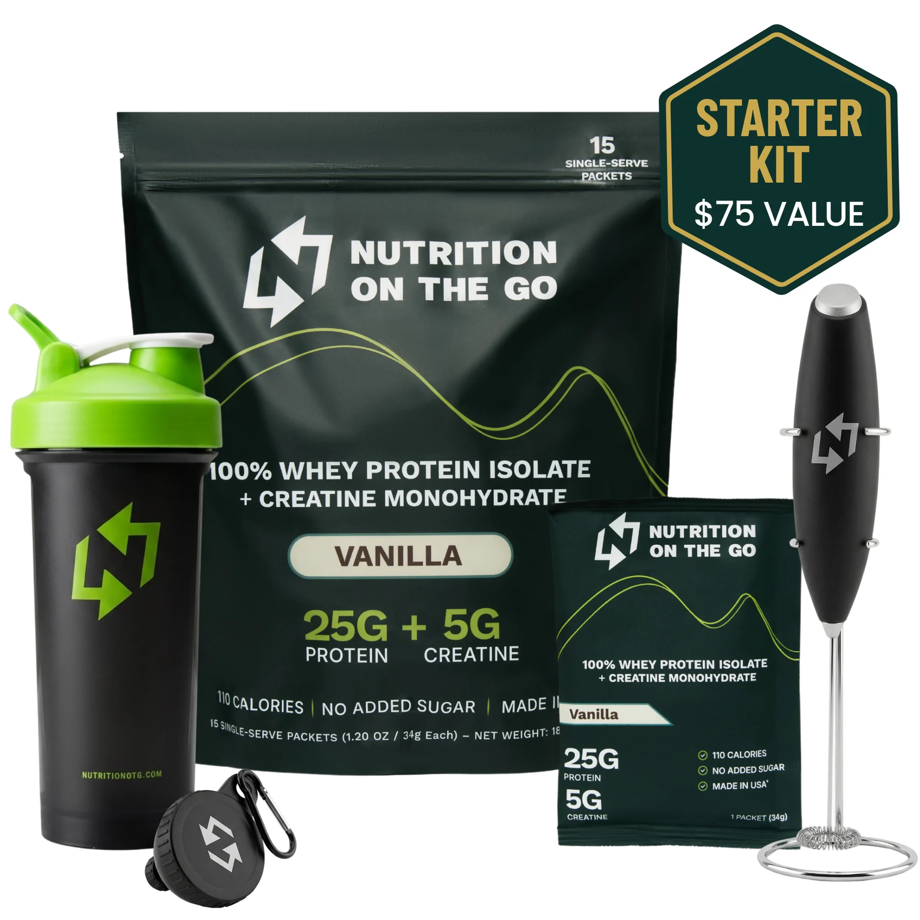 A starter kit for Nutrition On The Go, featuring protein powder, a shaker bottle, and a handheld mixer.