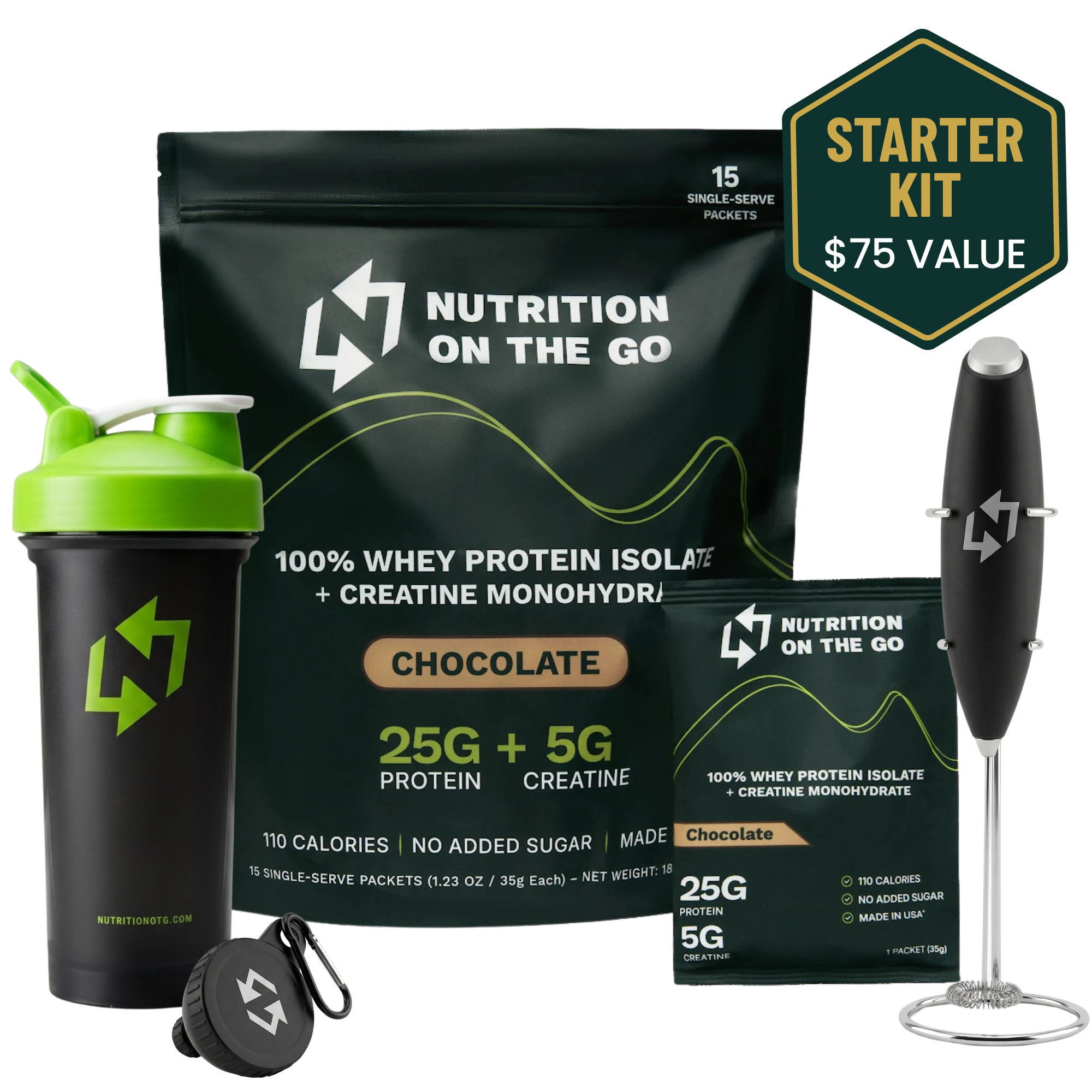 Nutrition On The Go chocolate protein powder starter kit, with shaker bottle, individual packets, and an electric whisk.