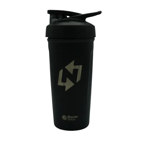 Black shaker bottle with logo, featuring a flip-top lid.