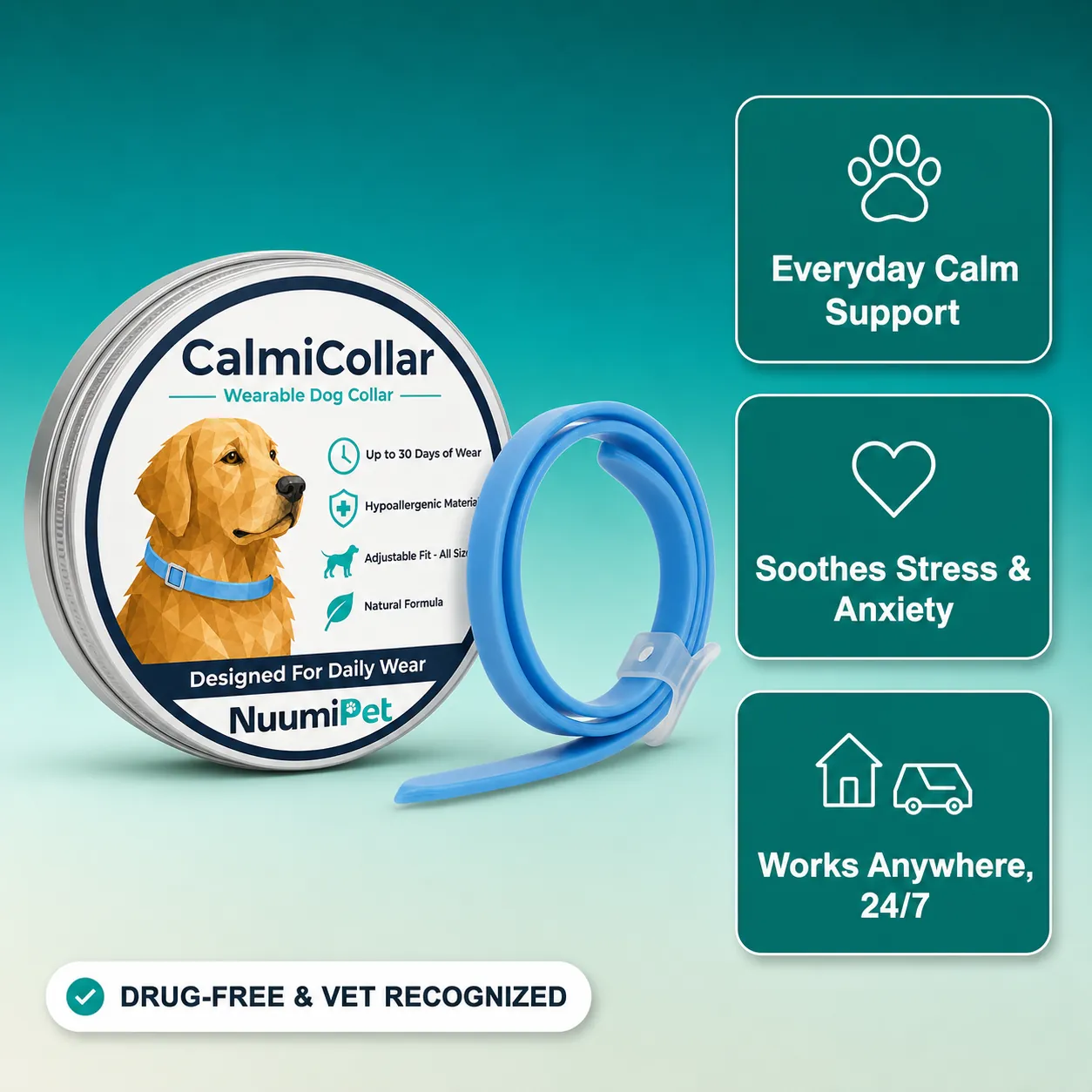 Advertisement for CalmiCollar, a wearable dog collar, showing the product, packaging, and its calming benefits.