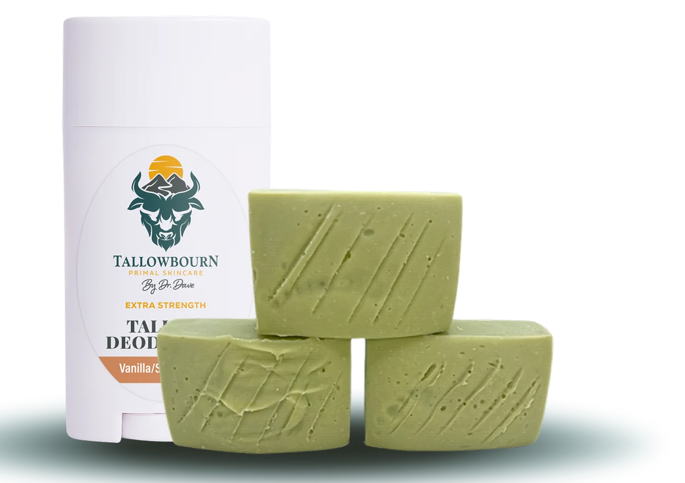 White deodorant stick with green soap bars stacked beside it.