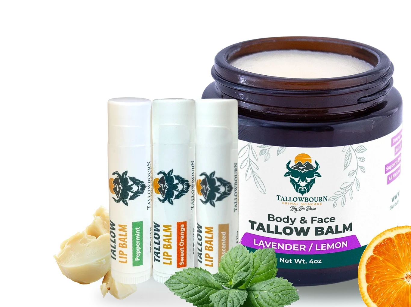 A variety of skincare products, including lip balm and face tallow balm, with mint and citrus elements.