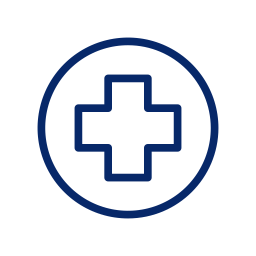 Blue medical cross inside a circle on a white background.