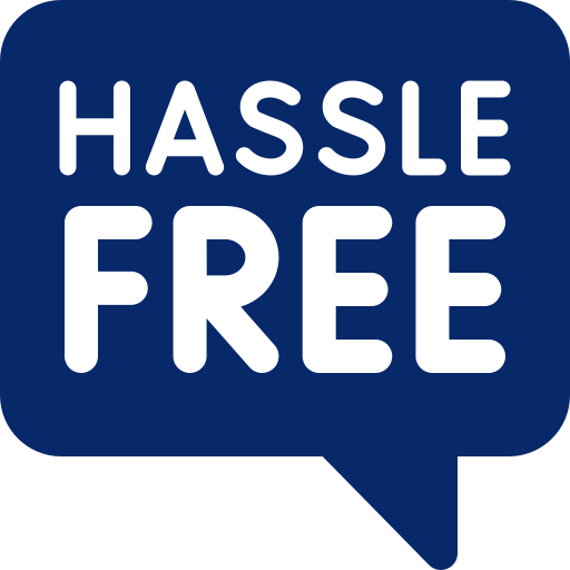 Blue speech bubble with the words 'Hassle Free' in white.