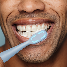 Person brushing teeth with a blue toothbrush, close-up view.