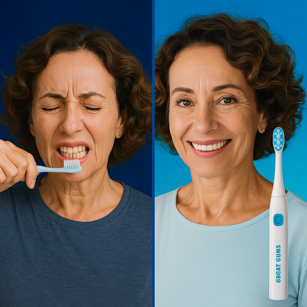 Split image of a woman brushing teeth and smiling with an electric toothbrush.