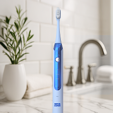 Electric toothbrush on a bathroom counter with plant and towel.