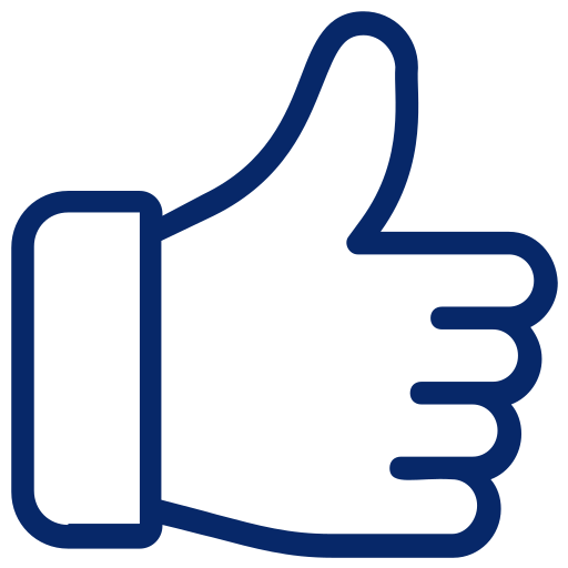 Blue outline of a thumbs-up icon on a white background.