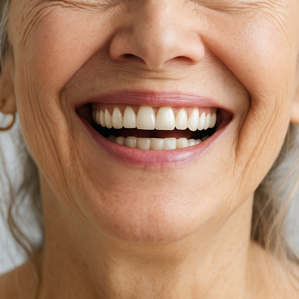 Close-up of a smiling older woman's mouth and teeth.
