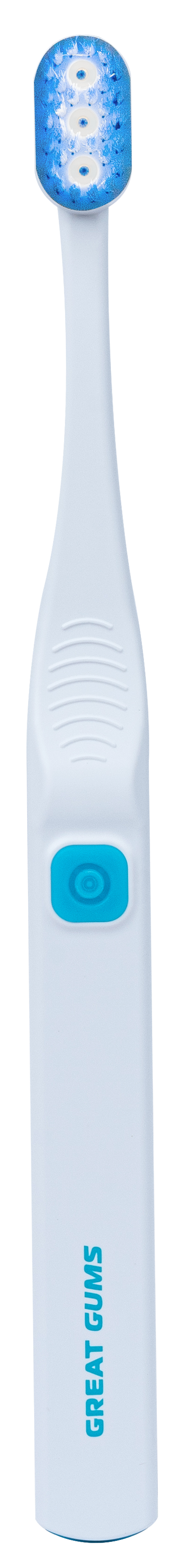 White electric toothbrush with blue bristles and a blue button.