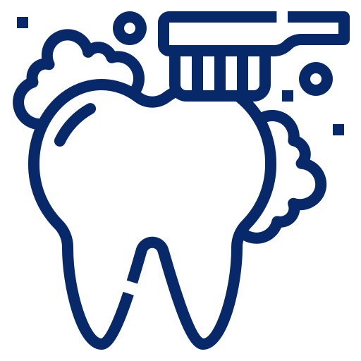 Illustration of a tooth with a toothbrush and bubbles.