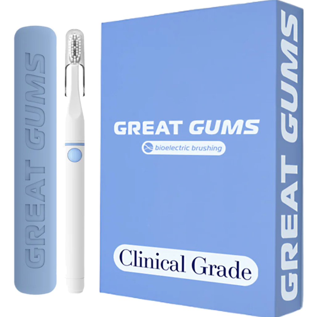 Electric toothbrush with blue case and box labeled 'Great Gums'.