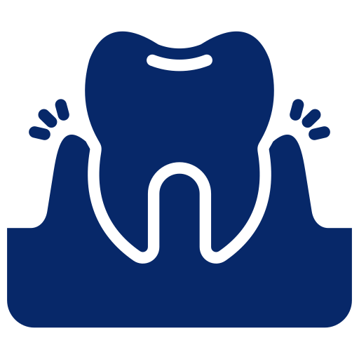 Blue icon of a tooth with gum and roots.