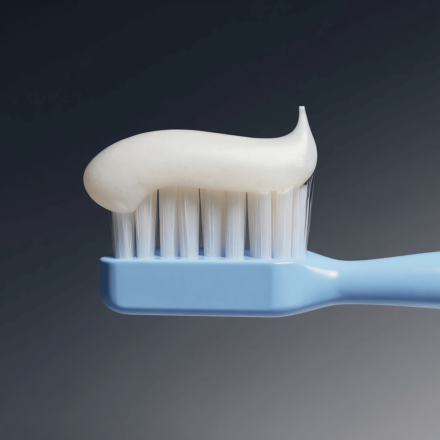 A blue toothbrush with white toothpaste against a dark background.